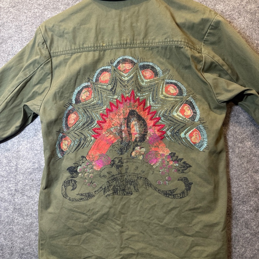 Ecote Army Green Military Jacket w Embroidered Sunflower Floral Accents Boho